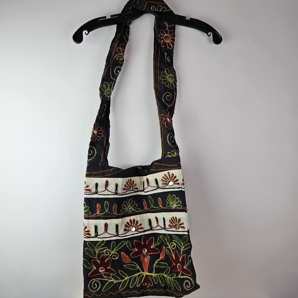 Floral Embroidered Tote Bag – Boho Gypsy Mirror Work Shoulder Bag Bohemian Purse